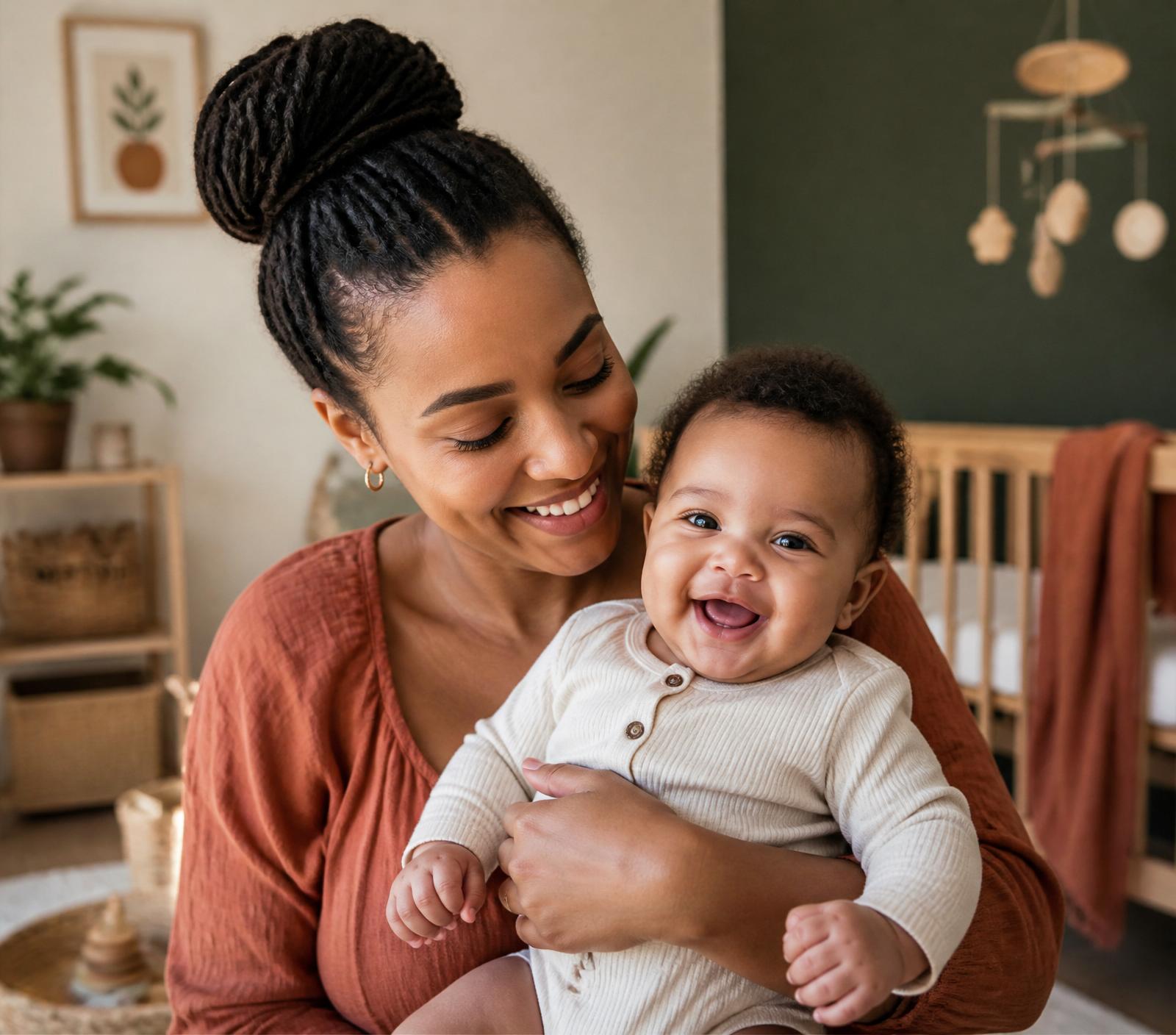 South African mother holding her smiling baby in a warm nursery